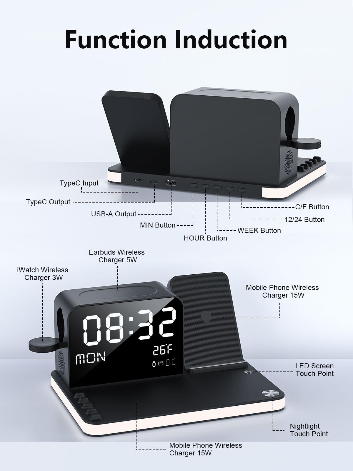 BLKE 7-in-1 Wireless Charging Station with Clock & Night Light Black DEMO