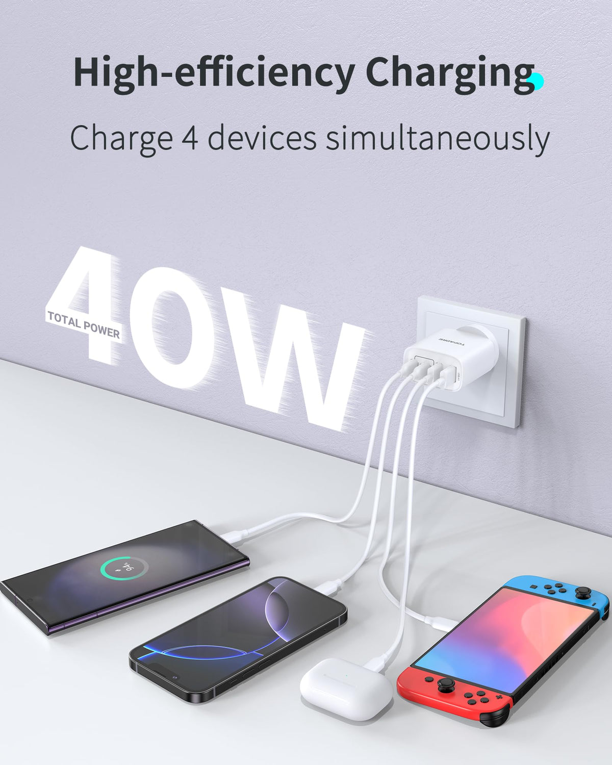 TOPADRE 40W USB-C Fast Charging 4-Port Power Adapter White 2-Pack DEMO