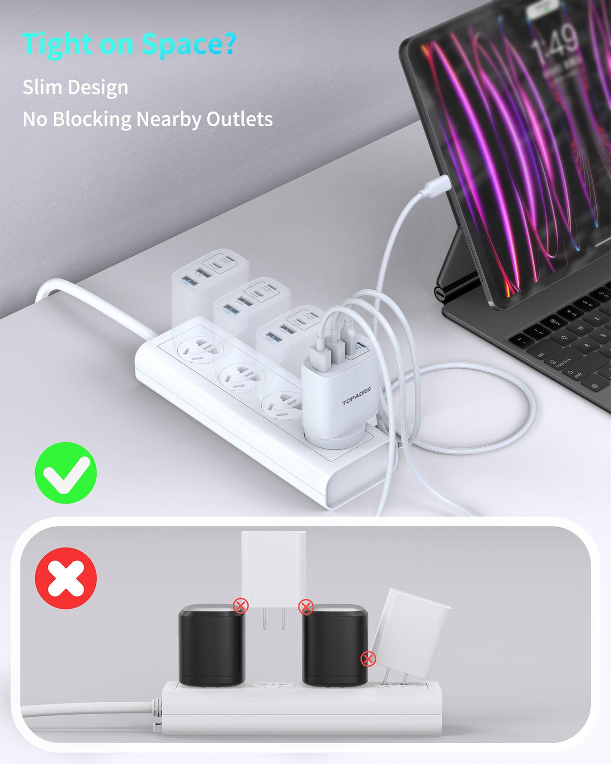 TOPADRE 40W USB-C Fast Charging 4-Port Power Adapter White 2-Pack DEMO