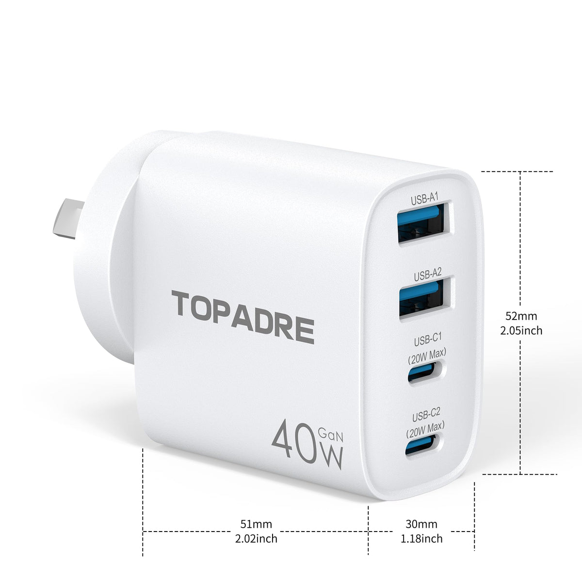 TOPADRE 40W USB-C Fast Charging 4-Port Power Adapter White 2-Pack DEMO