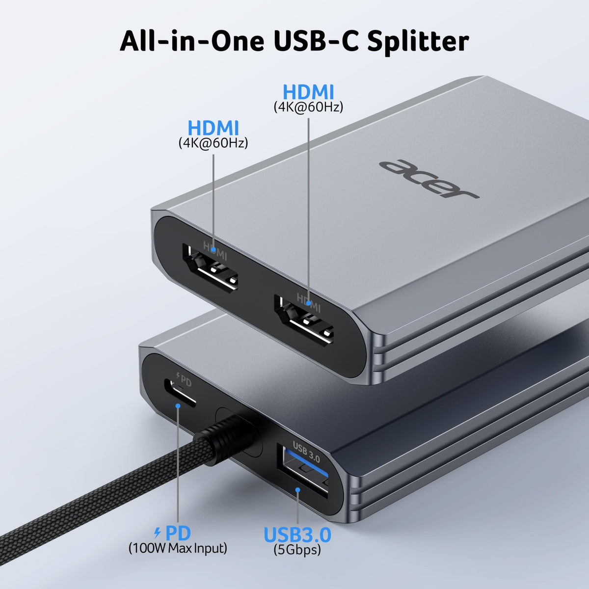 Acer USB Hubs C Hub Dual HDMI 4K@60Hz Adapter - Grey NEW