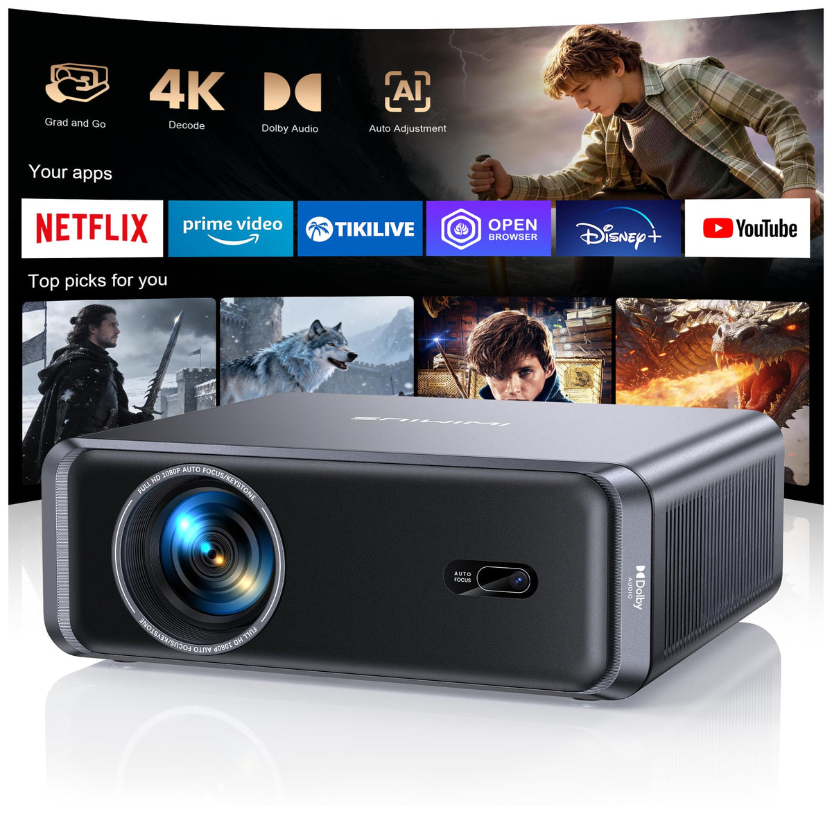 iWIMIUS P65 4K Projectors Portable Smart Projector 1000 ANSI Dolby Audio Black