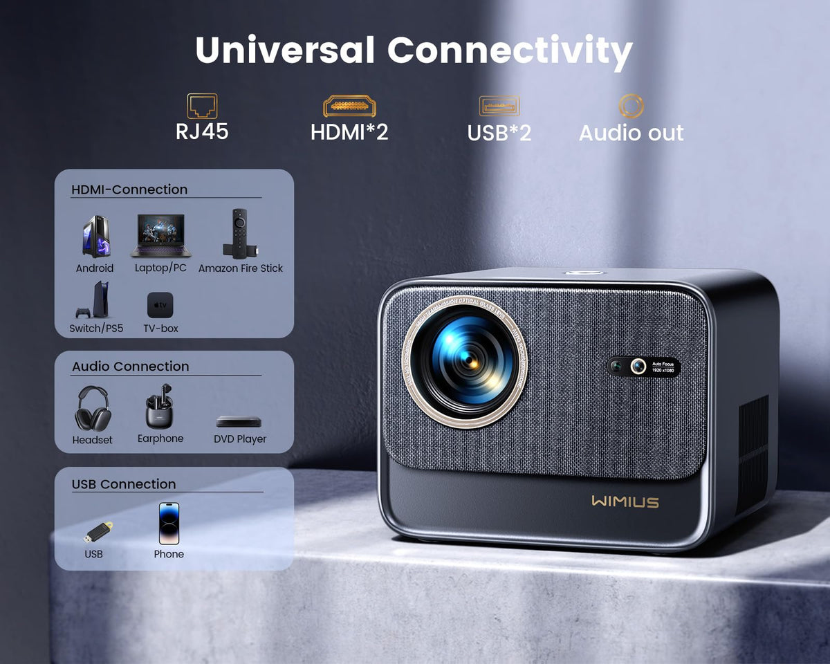 WiMiUS 4K Projectors Projector 32000 Lumen Auto Focus Dolby Audio Black