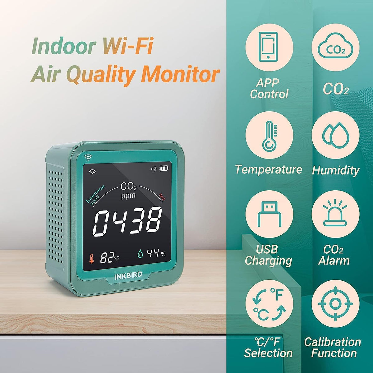 Inkbird WiFi Indoor Air Quality Monitor CO2 Detector - Green DEMO