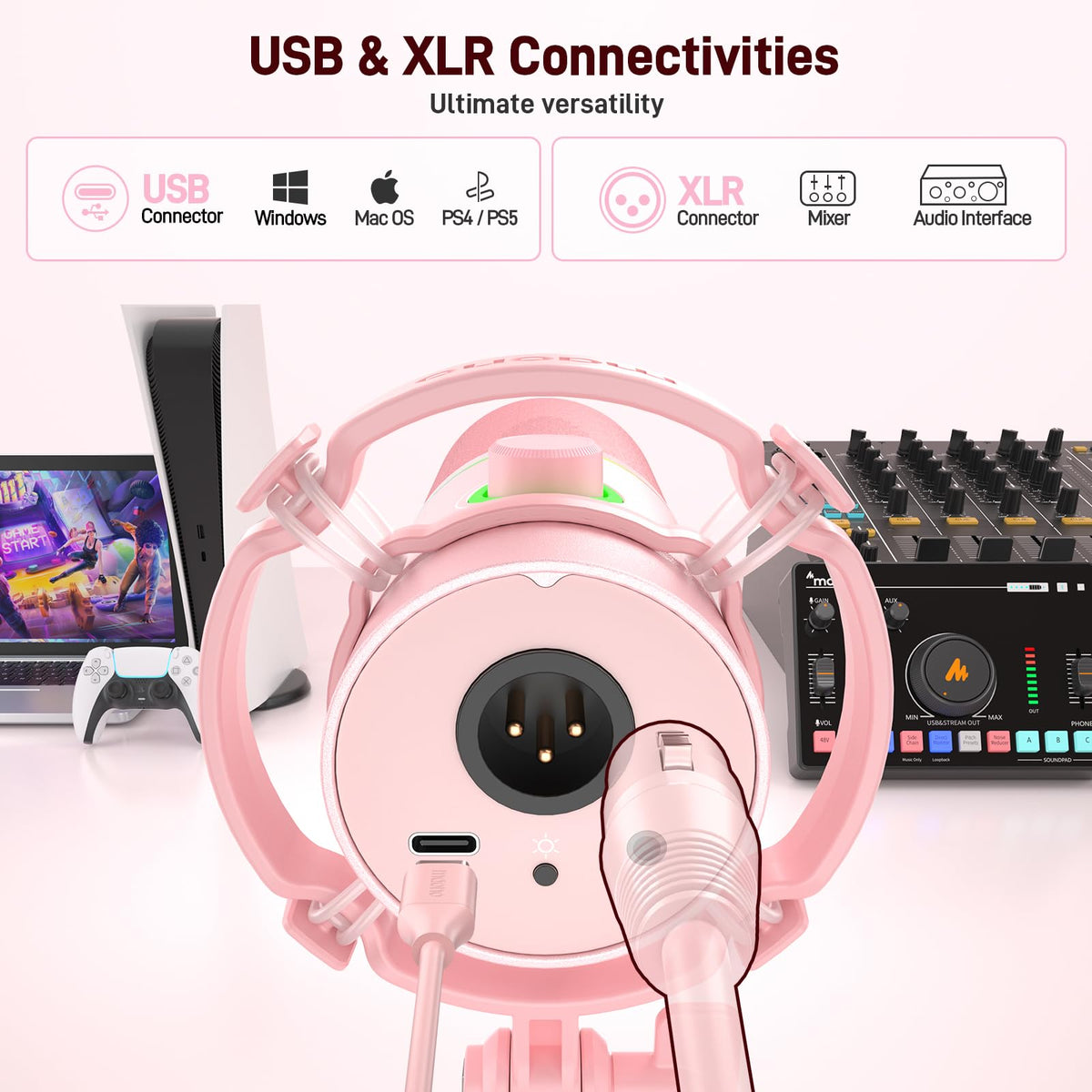 MAONO XLR USB Dynamic Microphone RGB Gaming Mic Pink Software DEMO