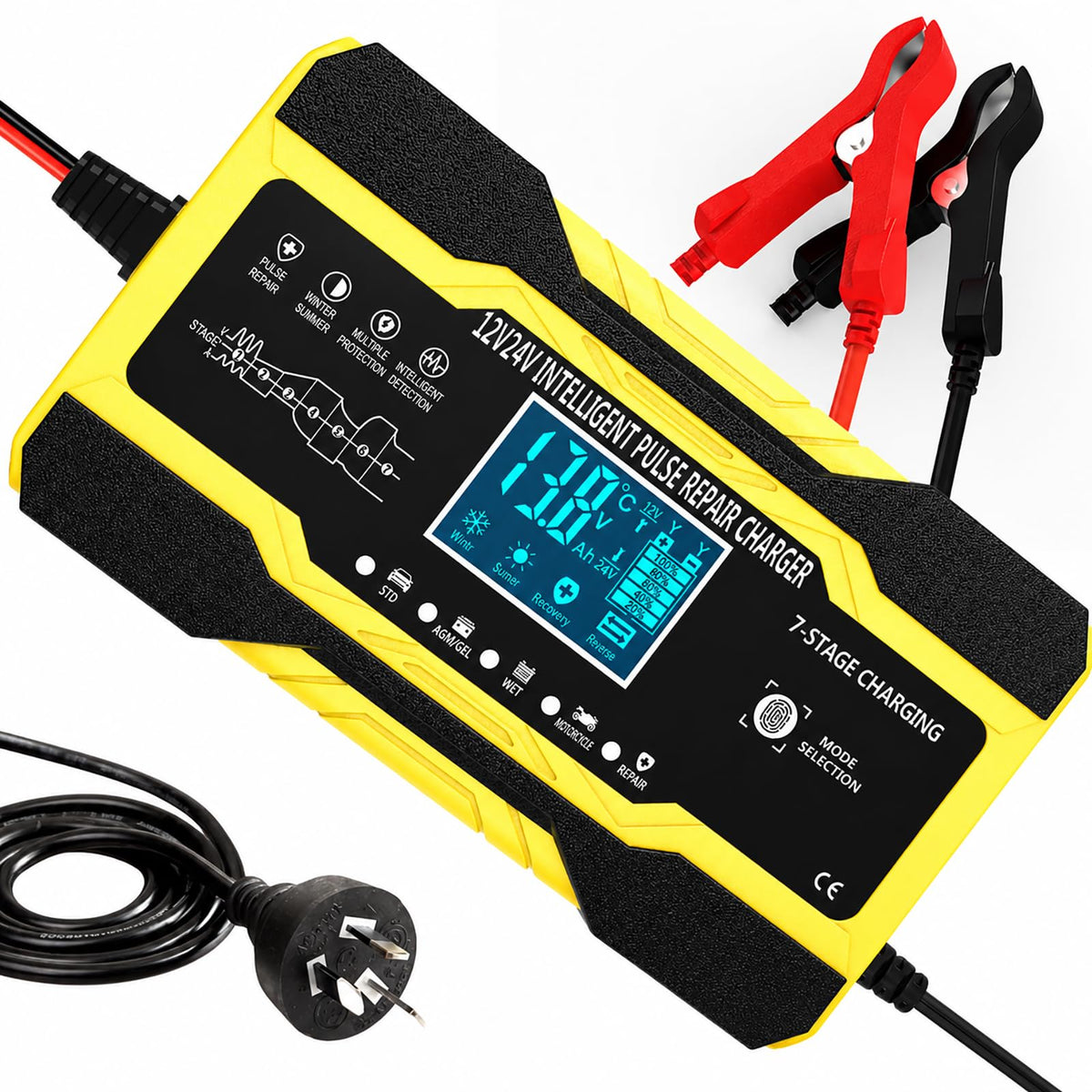 Smart Car Battery Charger 10-Amp 12V 24V Yellow Fast Charging NEW