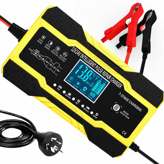 Smart Car Battery Charger 10-Amp 12V 24V Yellow Fast Charging NEW