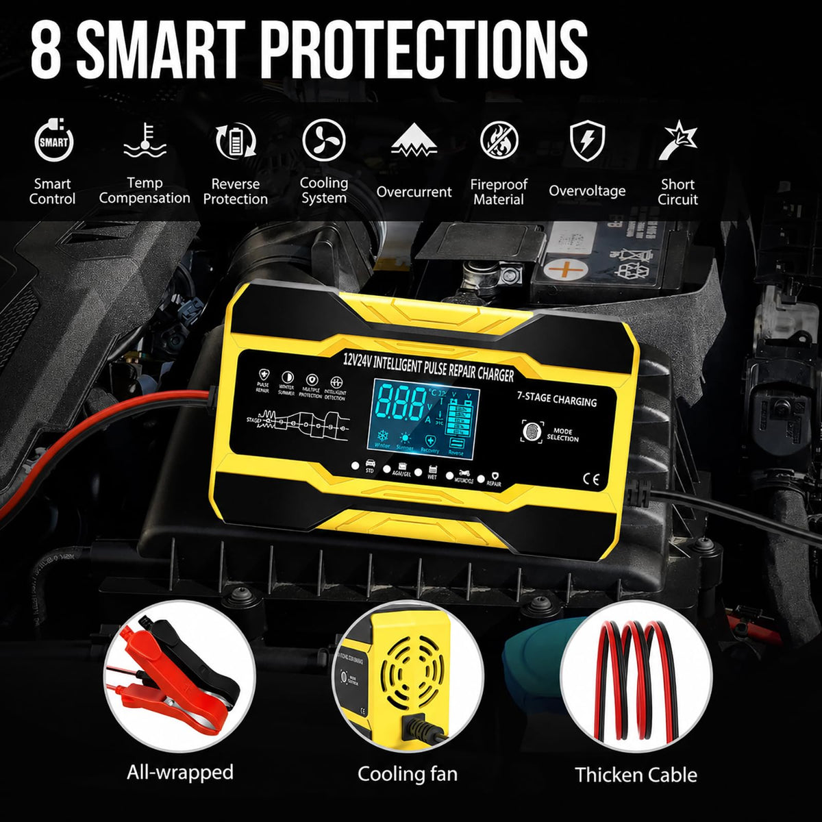 Smart Car Battery Charger 10-Amp 12V 24V Yellow Fast Charging NEW