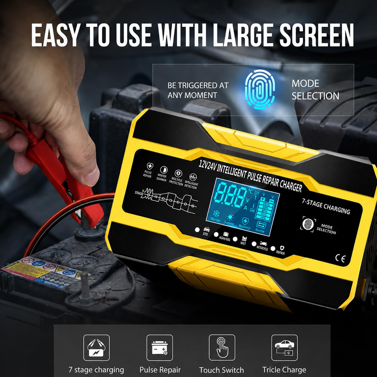 Smart Car Battery Charger 10-Amp 12V 24V Yellow Fast Charging NEW