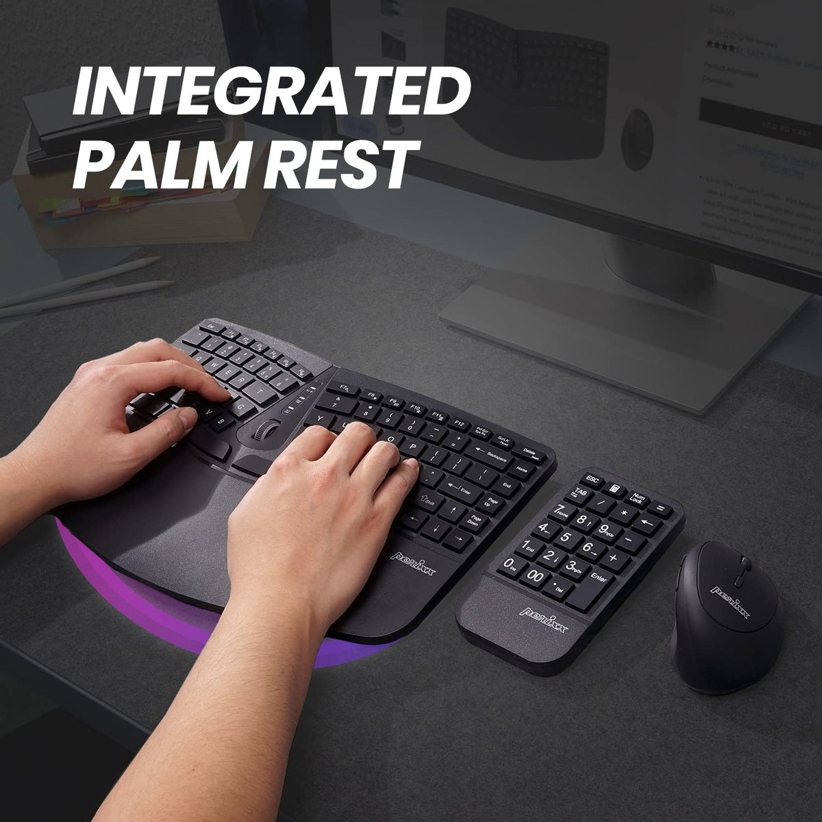 Perixx PERIDUO-606A Wireless Compact Ergonomic Keyboard Mouse Set Black NEW