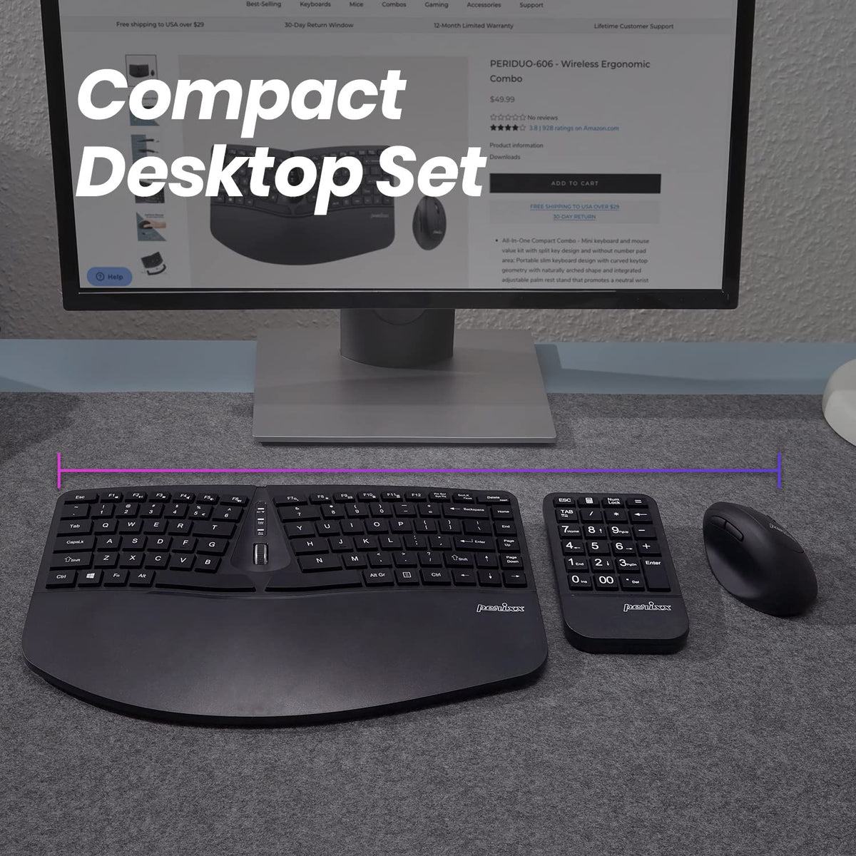 Perixx PERIDUO-606A Wireless Compact Ergonomic Keyboard Mouse Set Black NEW