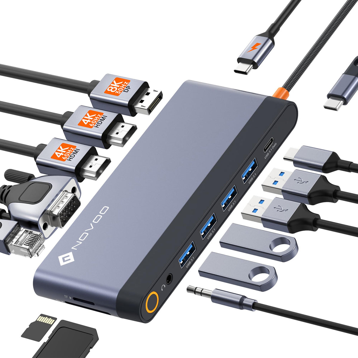 NOVOO 14-in-1 USB-C Docking Station Dual Monitor 4K HDMI Grey RM14F NEW