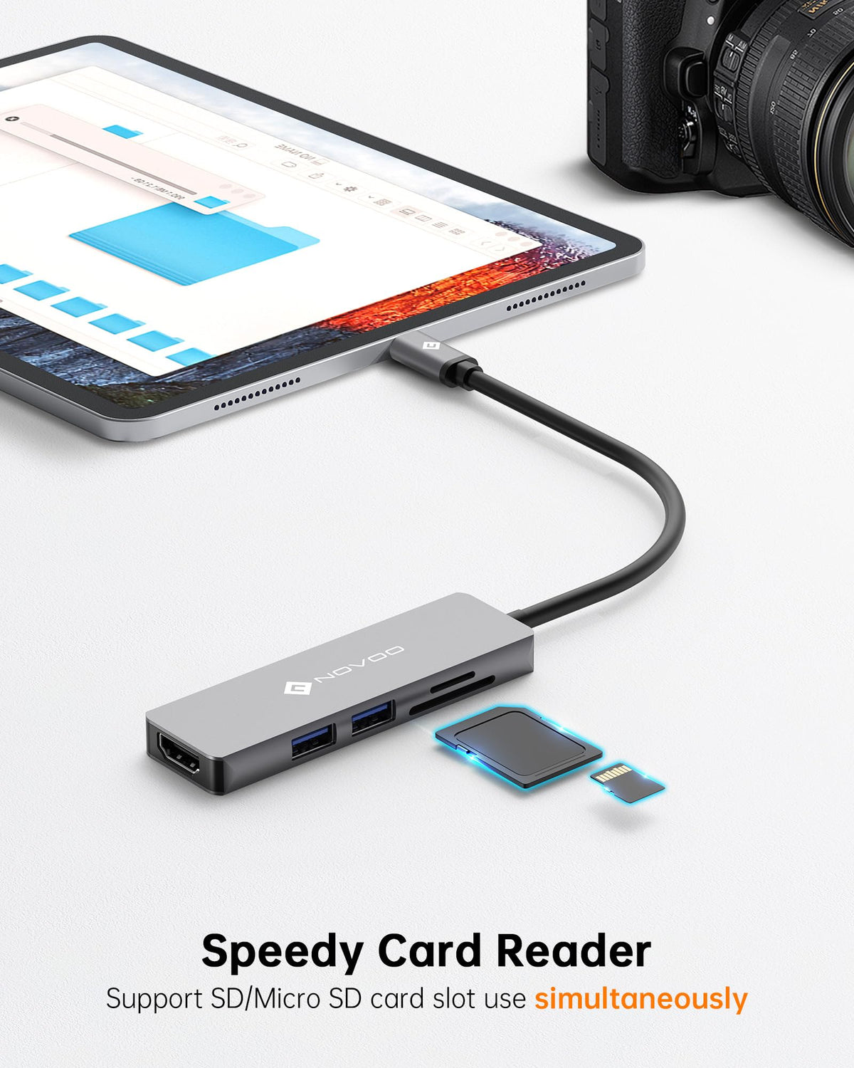 NOVOO 5-in-1 USB-C Hub Adapter 4K HDMI SD Card Reader Grey R5 NEW