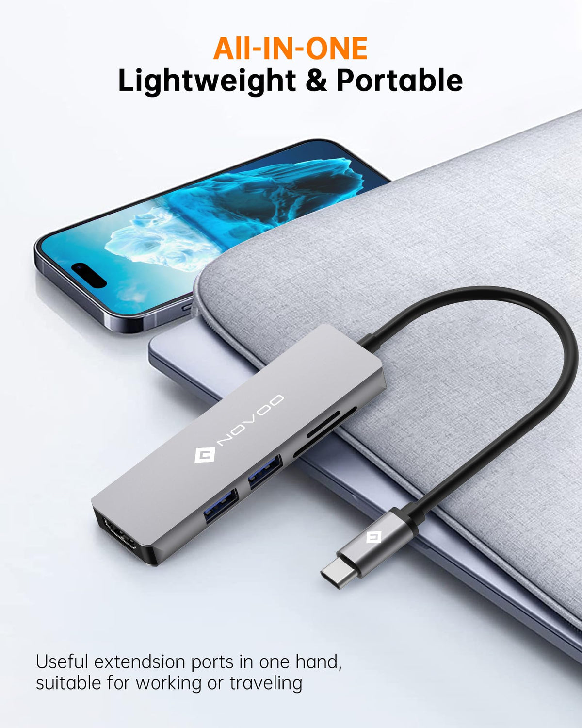 NOVOO 5-in-1 USB-C Hub Adapter 4K HDMI SD Card Reader Grey R5 NEW