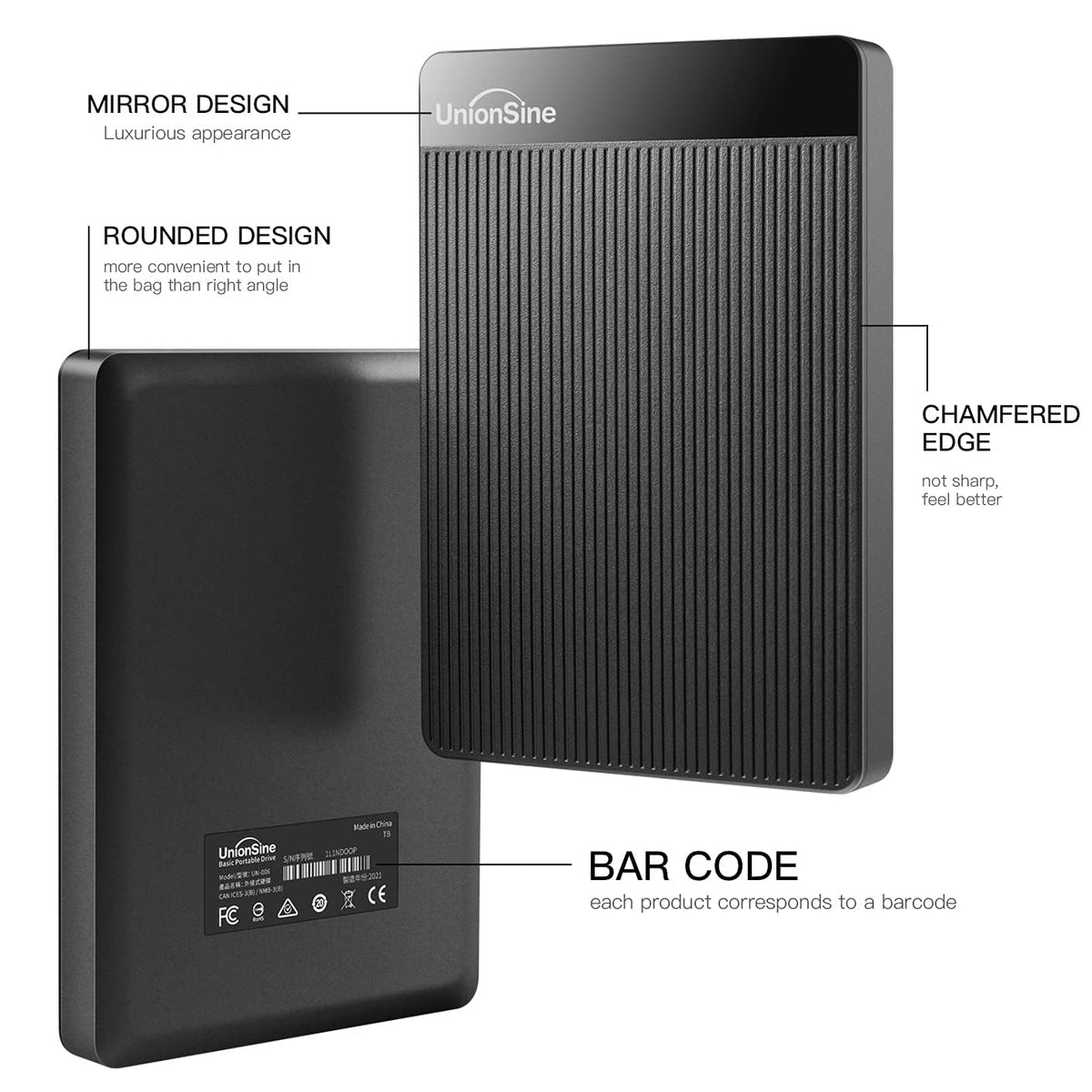 UnionSine 500GB Ultra Slim Portable External Hard Drive - Black NEW