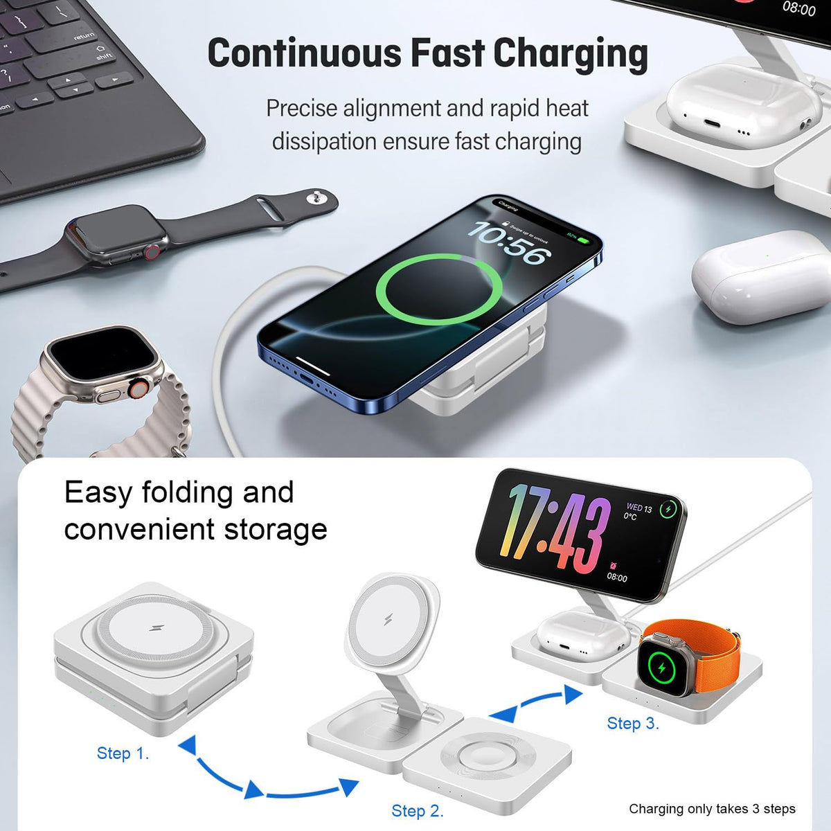 3-in-1 Wireless Charger Station for iPhone AirPods Apple Watch White NEW