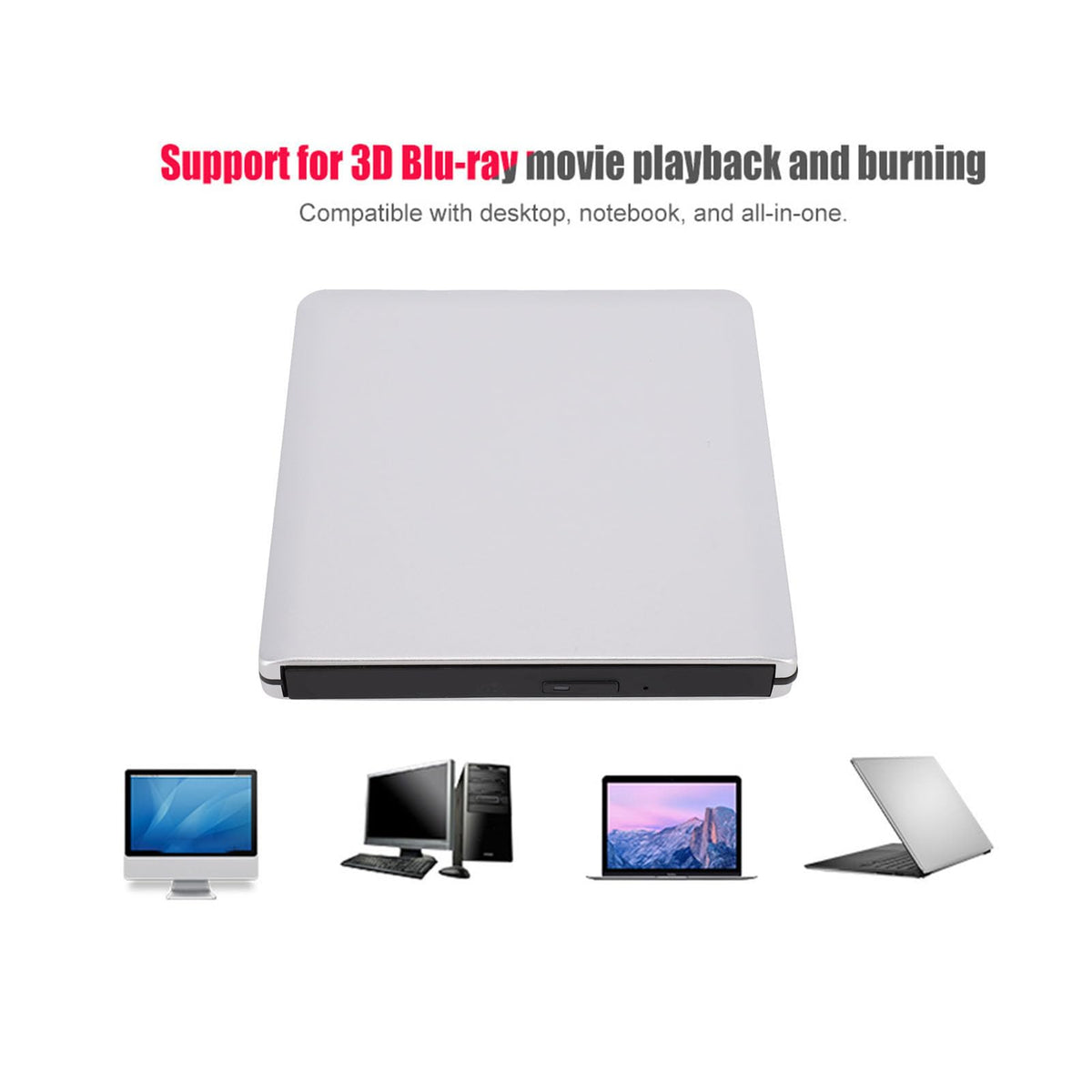 Portable Blu-Ray Player External DVD USB CD Drive Silver NEW