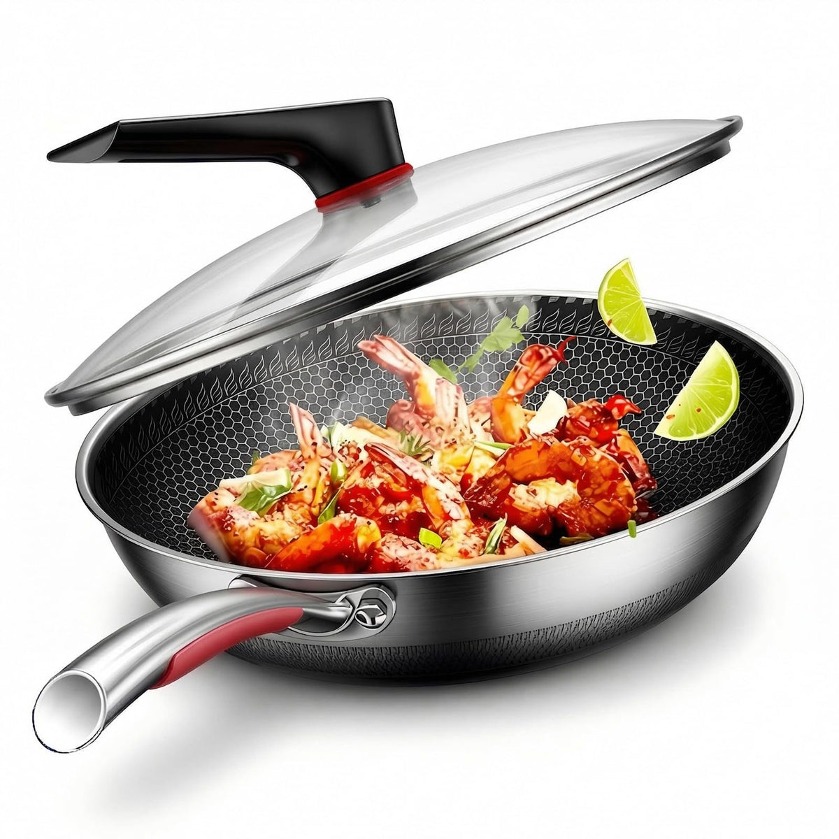 Stainless Steel Woks Non Stick Wok with Glass Lid Silver 32cm Pan NEW