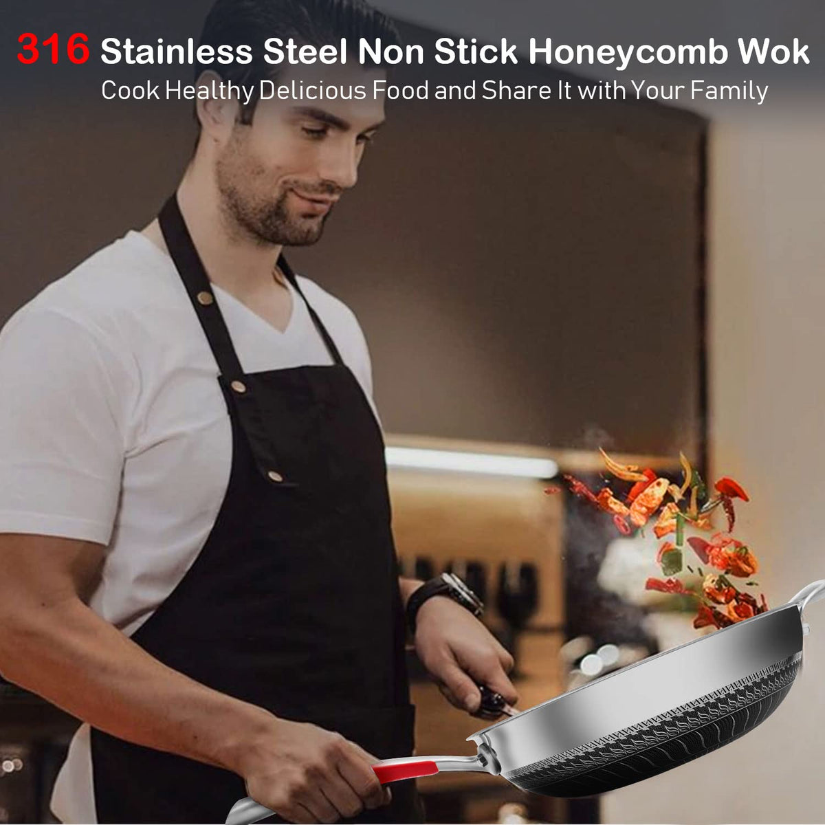 Stainless Steel Woks Non Stick Wok with Glass Lid Silver 32cm Pan NEW