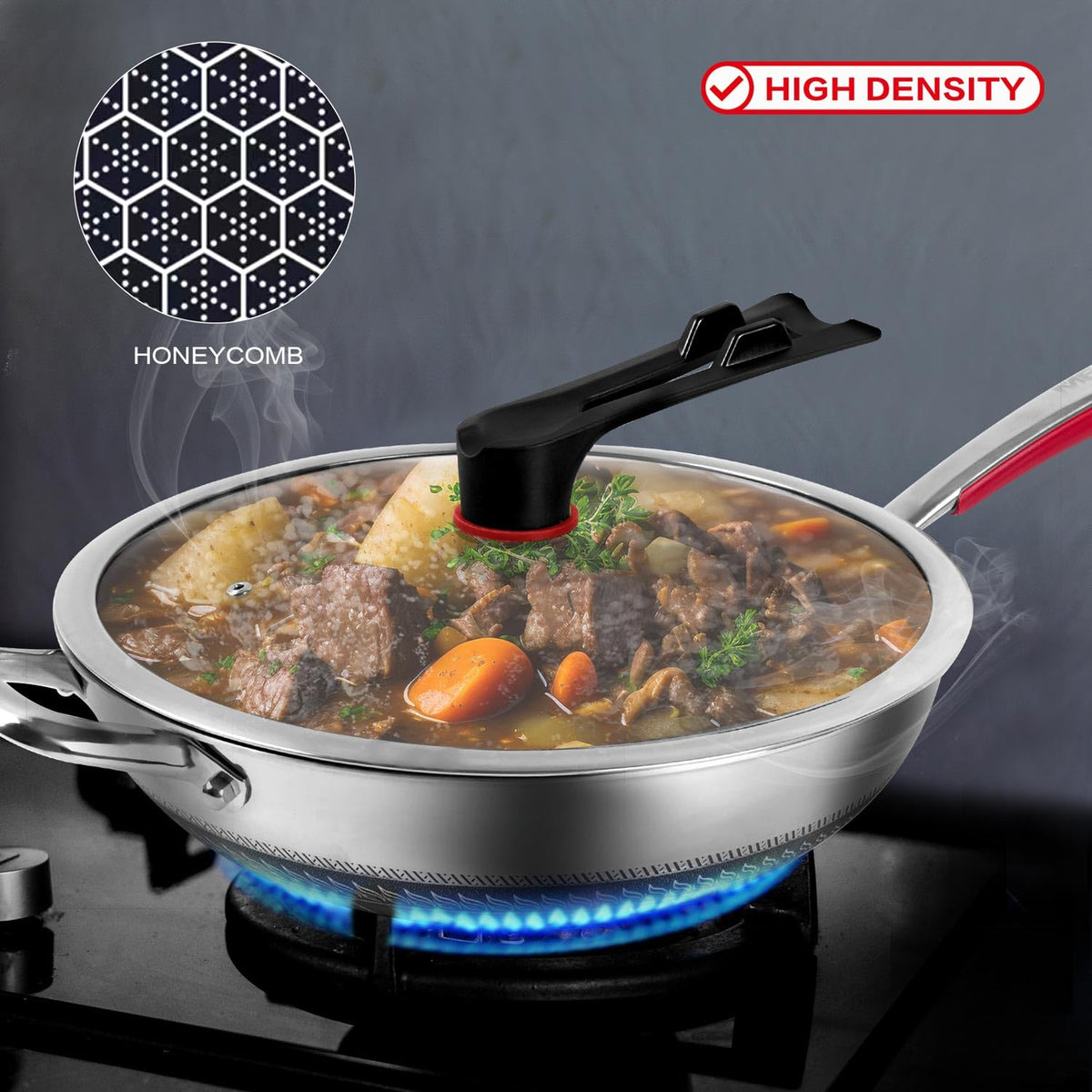 Stainless Steel Woks Non Stick Wok with Glass Lid Silver 32cm Pan NEW
