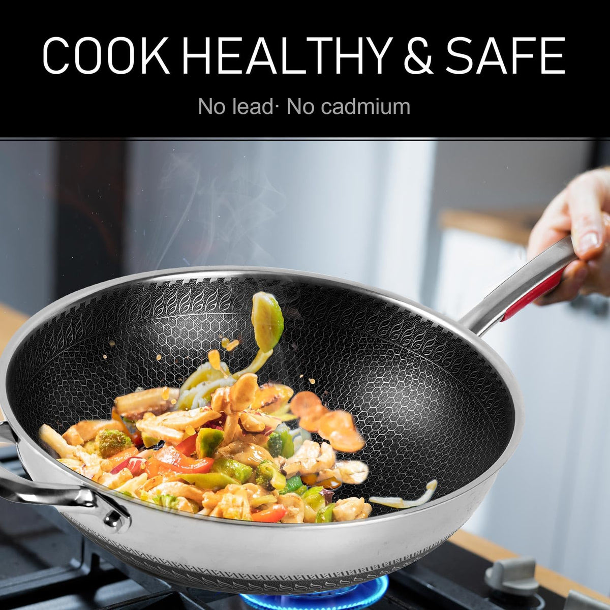 Stainless Steel Woks Non Stick Wok with Glass Lid Silver 32cm Pan NEW