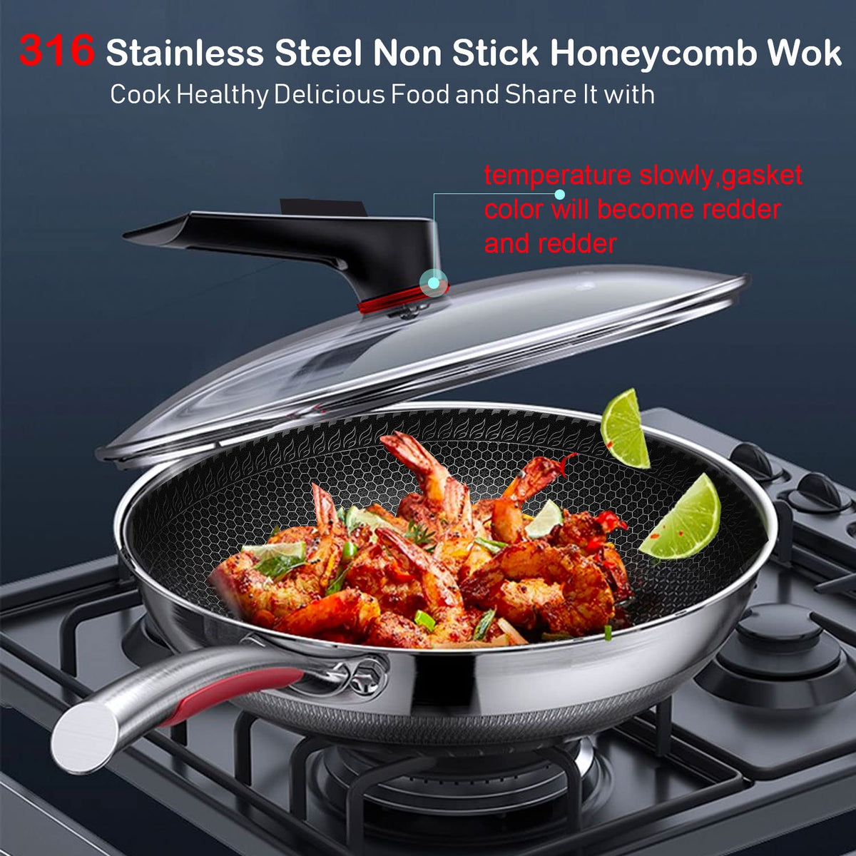 Stainless Steel Woks Non Stick Wok with Glass Lid Silver 32cm Pan NEW
