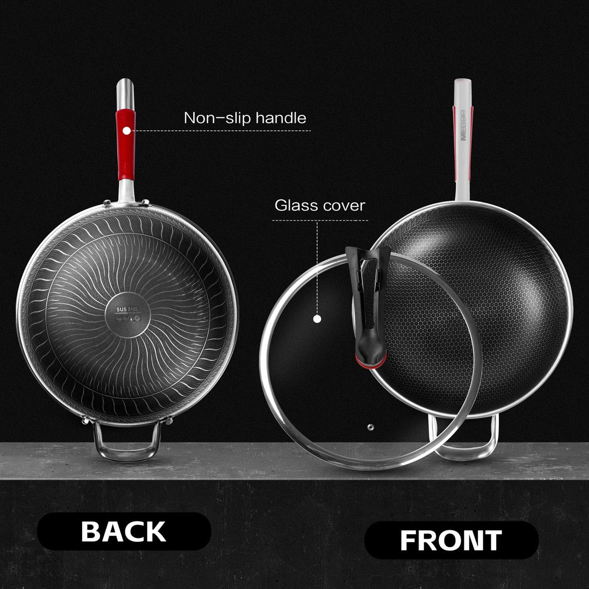 Stainless Steel Woks Non Stick Wok with Glass Lid Silver 32cm Pan NEW