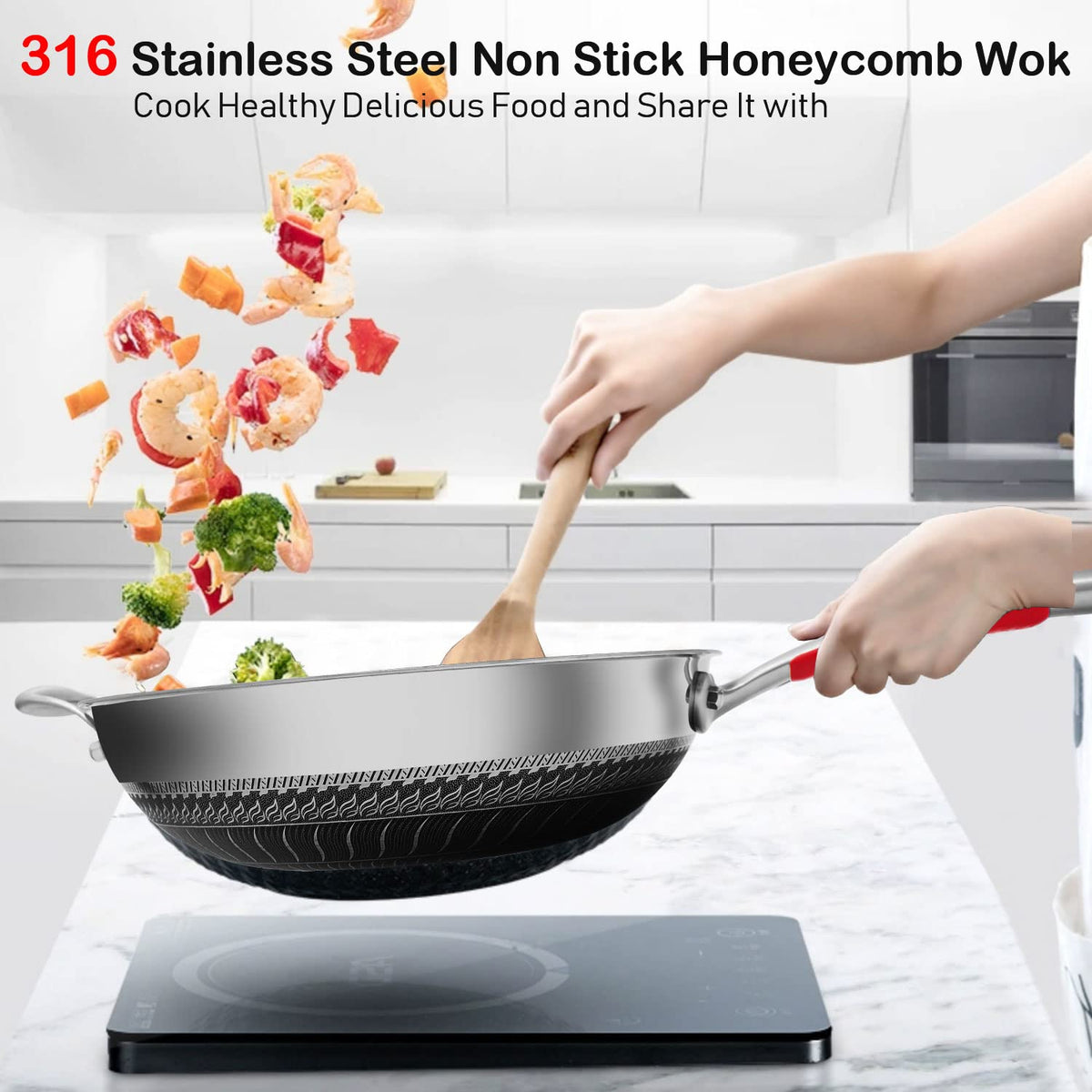 Stainless Steel Woks Non Stick Wok with Glass Lid Silver 32cm Pan NEW
