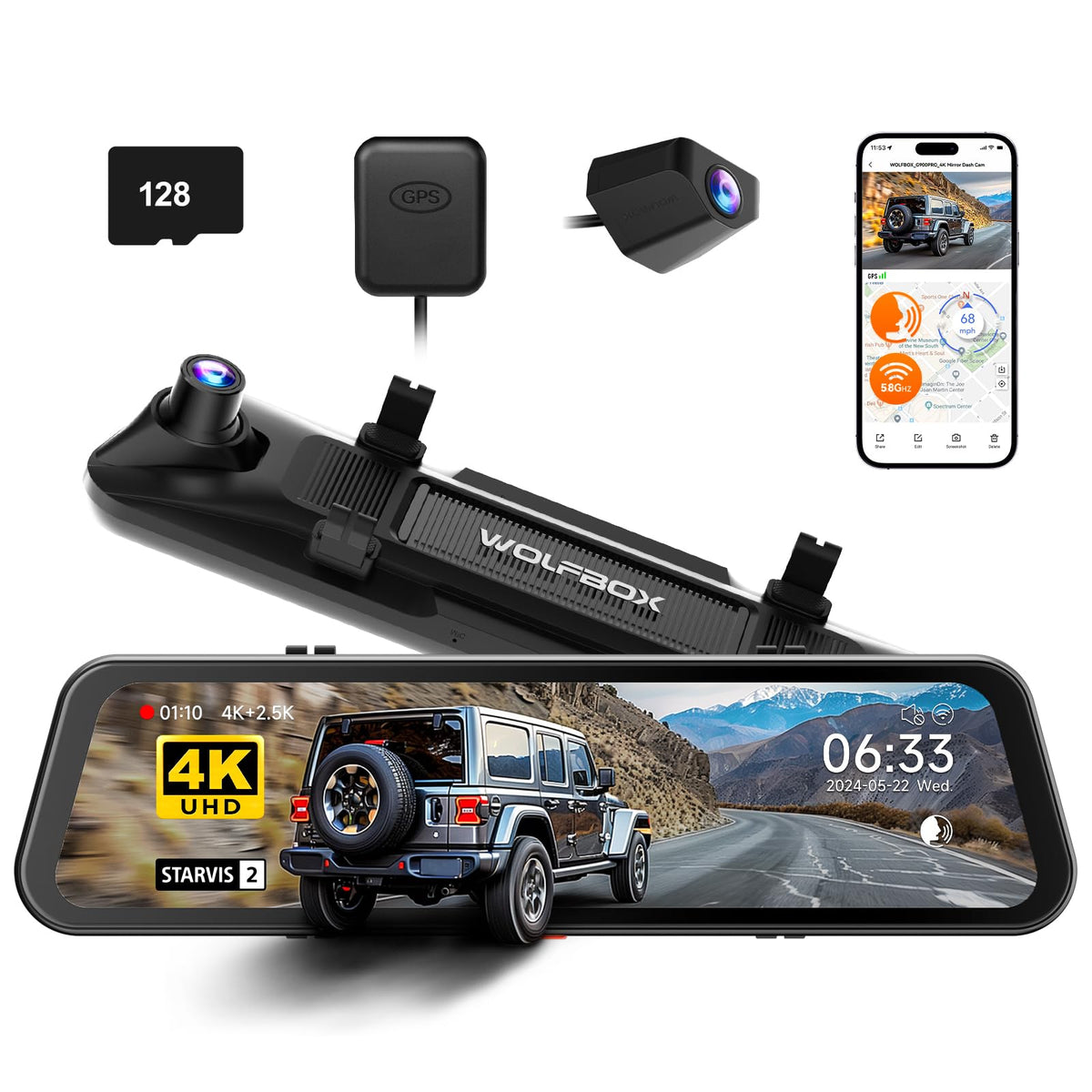 WOLFBOX 12" On-Dash-Monitoring 4K Front 2.5K Rear Dash Cam Mirror Black NEW