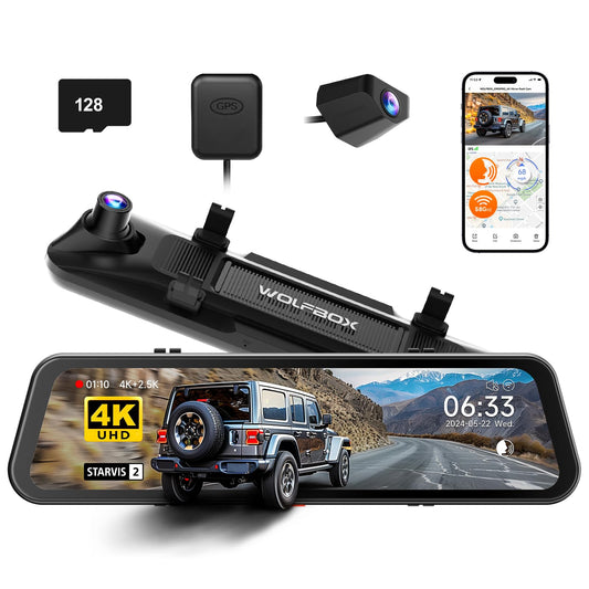 WOLFBOX 12" On-Dash-Monitoring 4K Front 2.5K Rear Dash Cam Mirror Black NEW