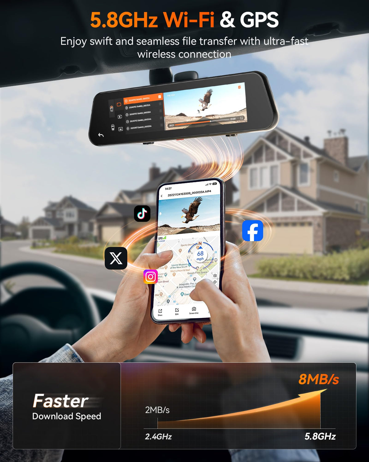 WOLFBOX 12" On-Dash-Monitoring 4K Front 2.5K Rear Dash Cam Mirror Black NEW