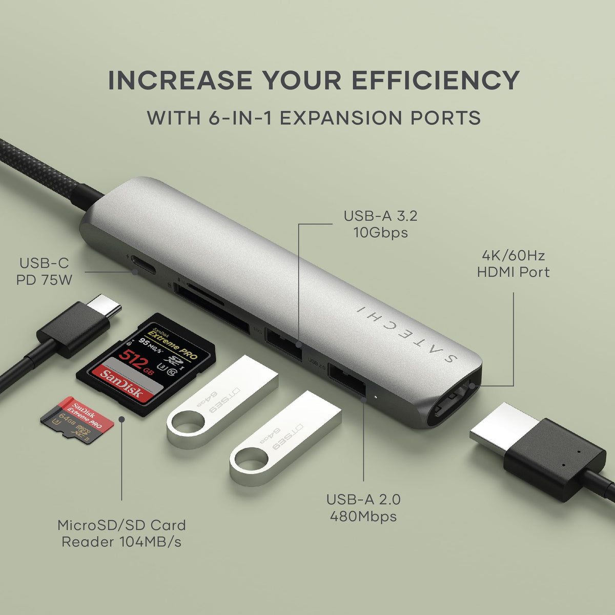 Satechi 6-in-1 USB Hubs USB-C Hub 4K HDMI Multiport Adapter Space Grey DEMO