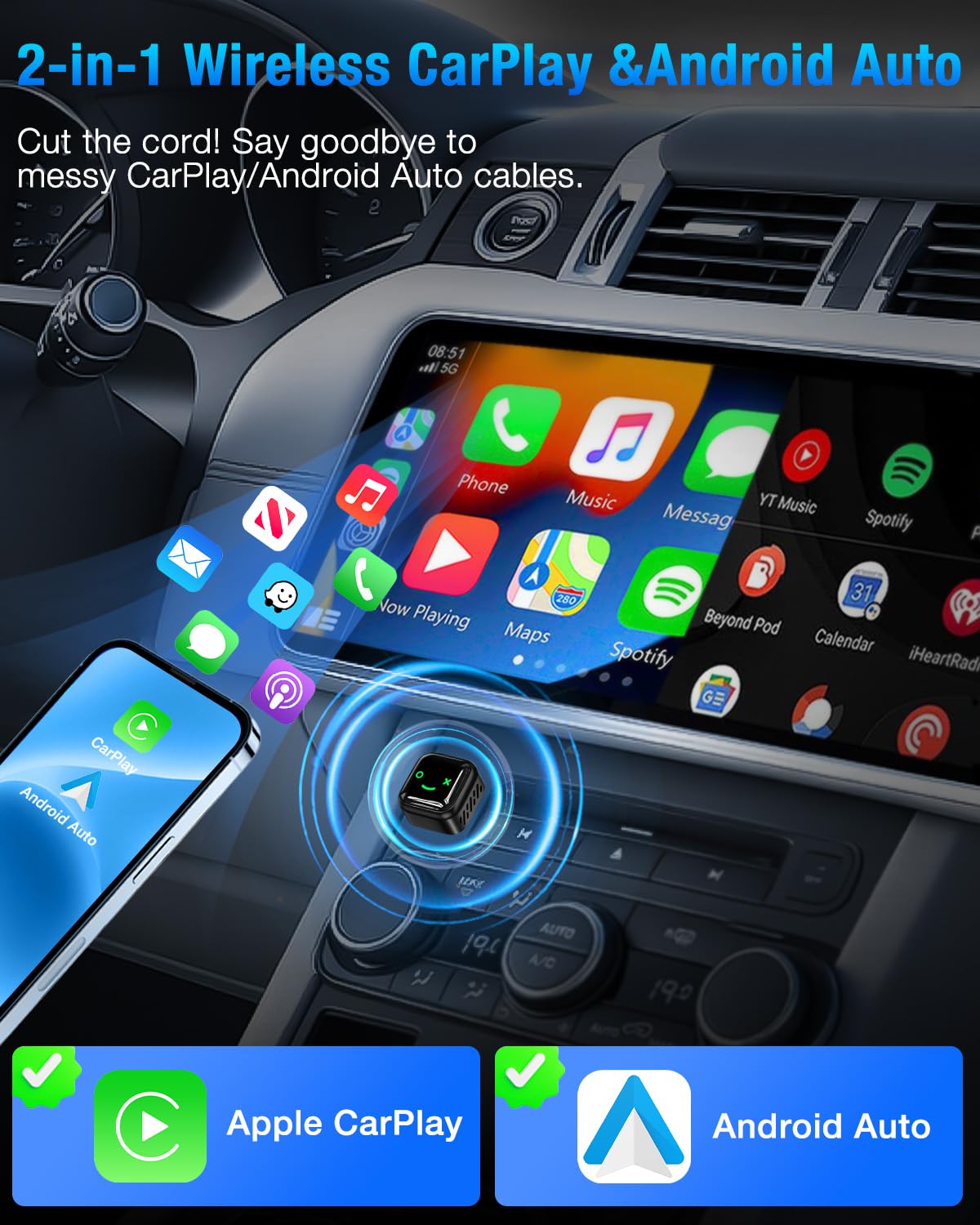 Wireless CarPlay Android Auto Adapter 5.8GHz Radio - Black NEW