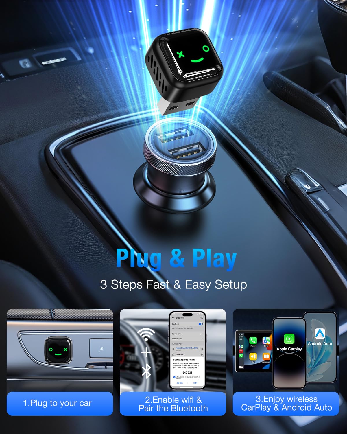 Wireless CarPlay Android Auto Adapter 5.8GHz Radio - Black NEW