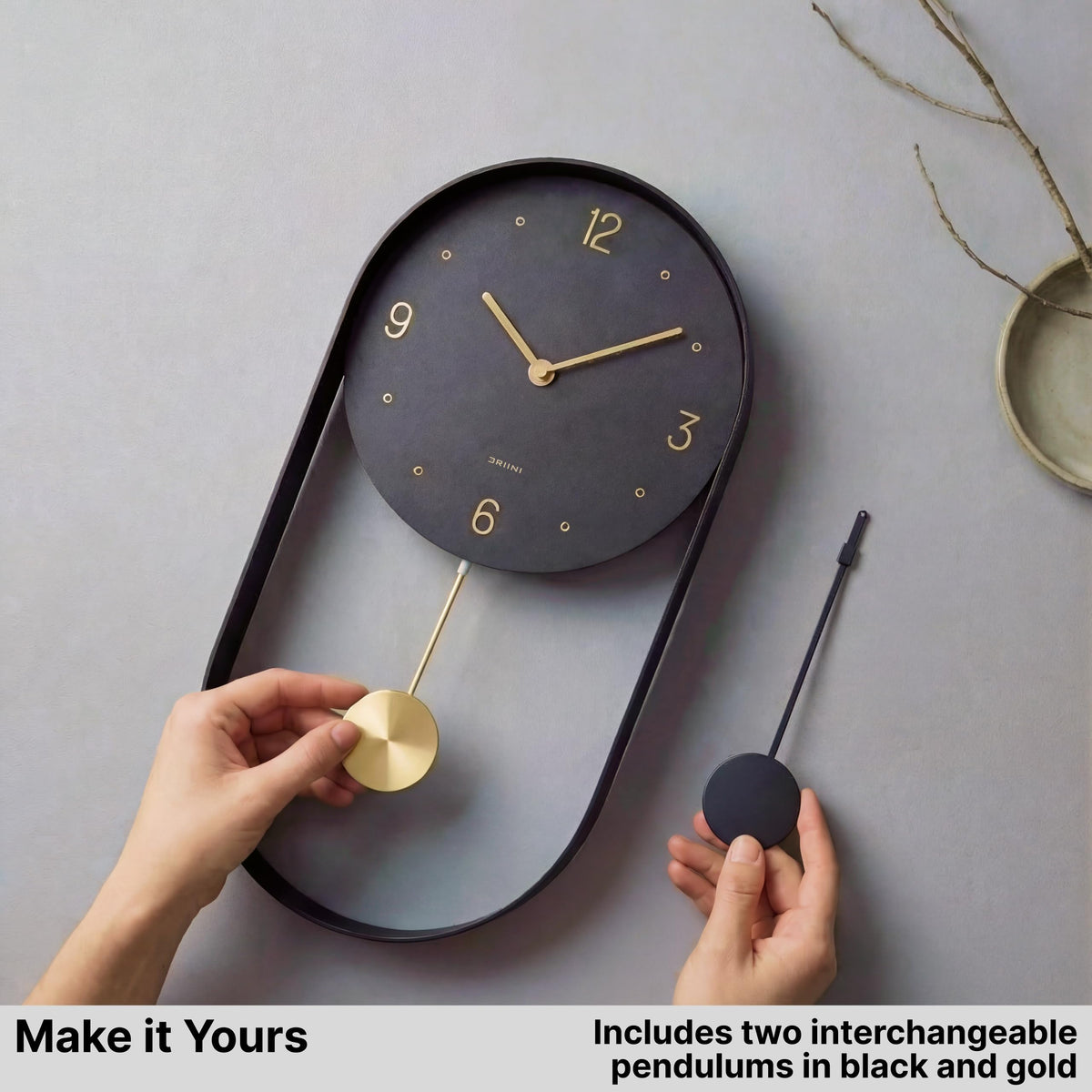 Driini Black Modern Pendulum Wall Clock 8x15.5 inches Metal Frame Size 8 NEW