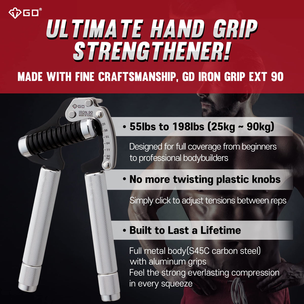 GD Iron Grip Hand Strengthener Adjustable 25-90kg Training Tool Silver NEW