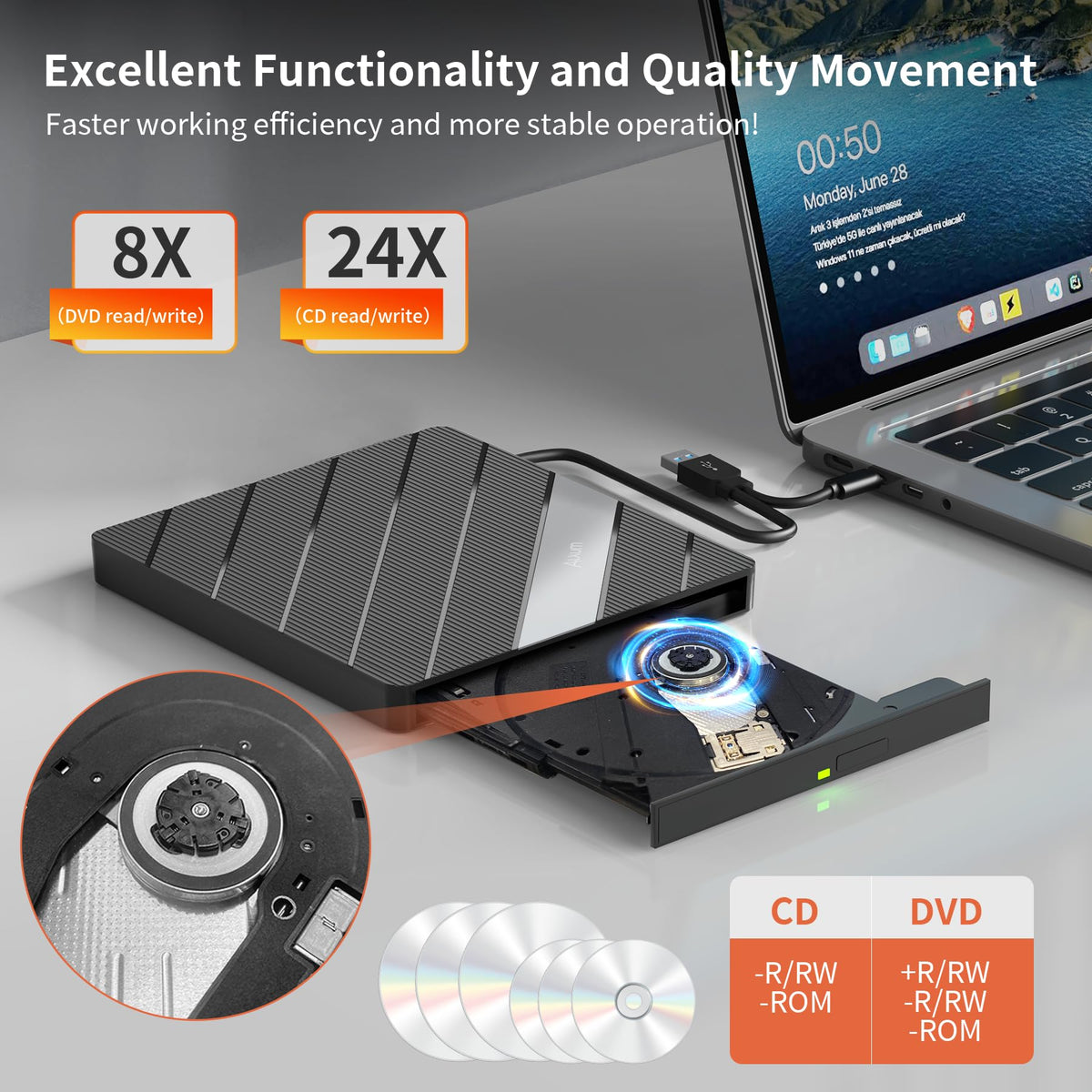Alxum External CD DVD Drive USB 3.0 Portable RW Burner Black NEW