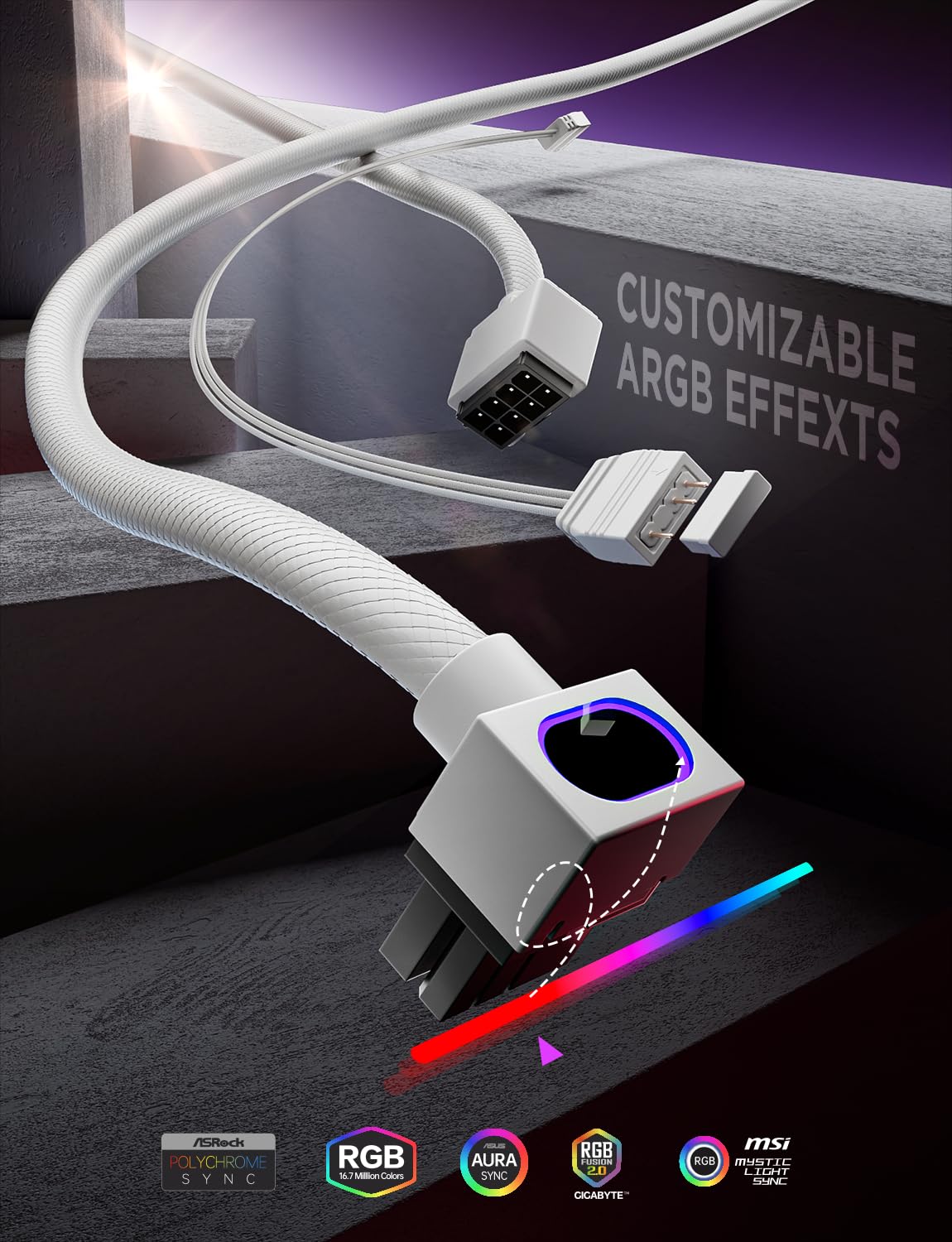 AsiaHorse 8 Power Cords Pin GPU Extension Cable ARGB White 90 Degree NEW