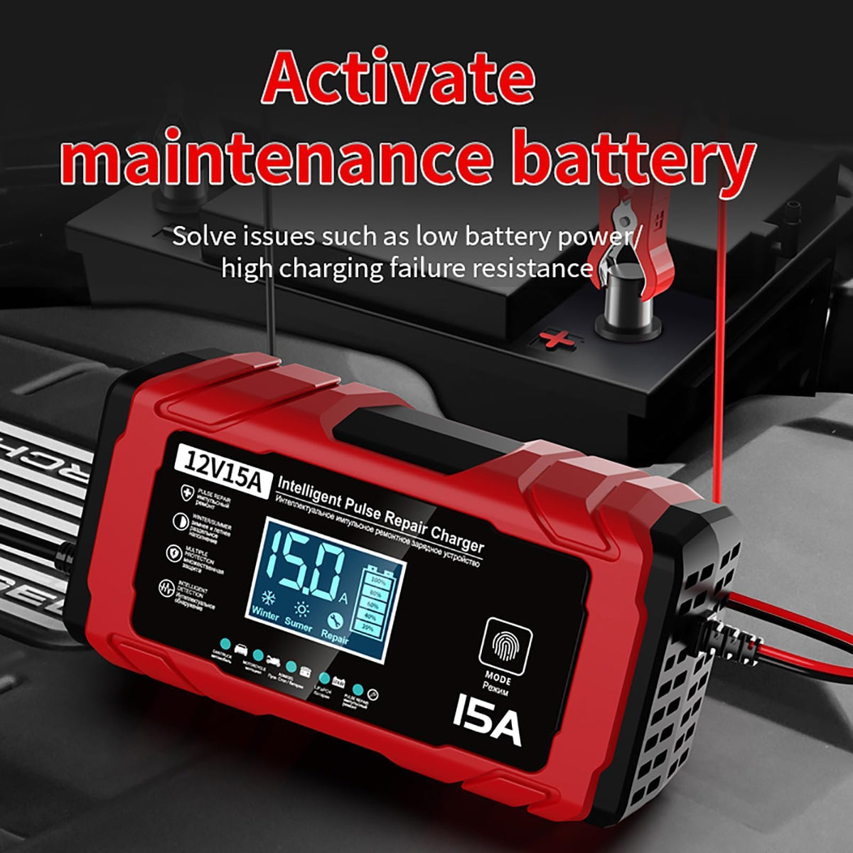Smart Lithium Battery Charger 15A Fast Charge Auto Repair Red Black DEMO