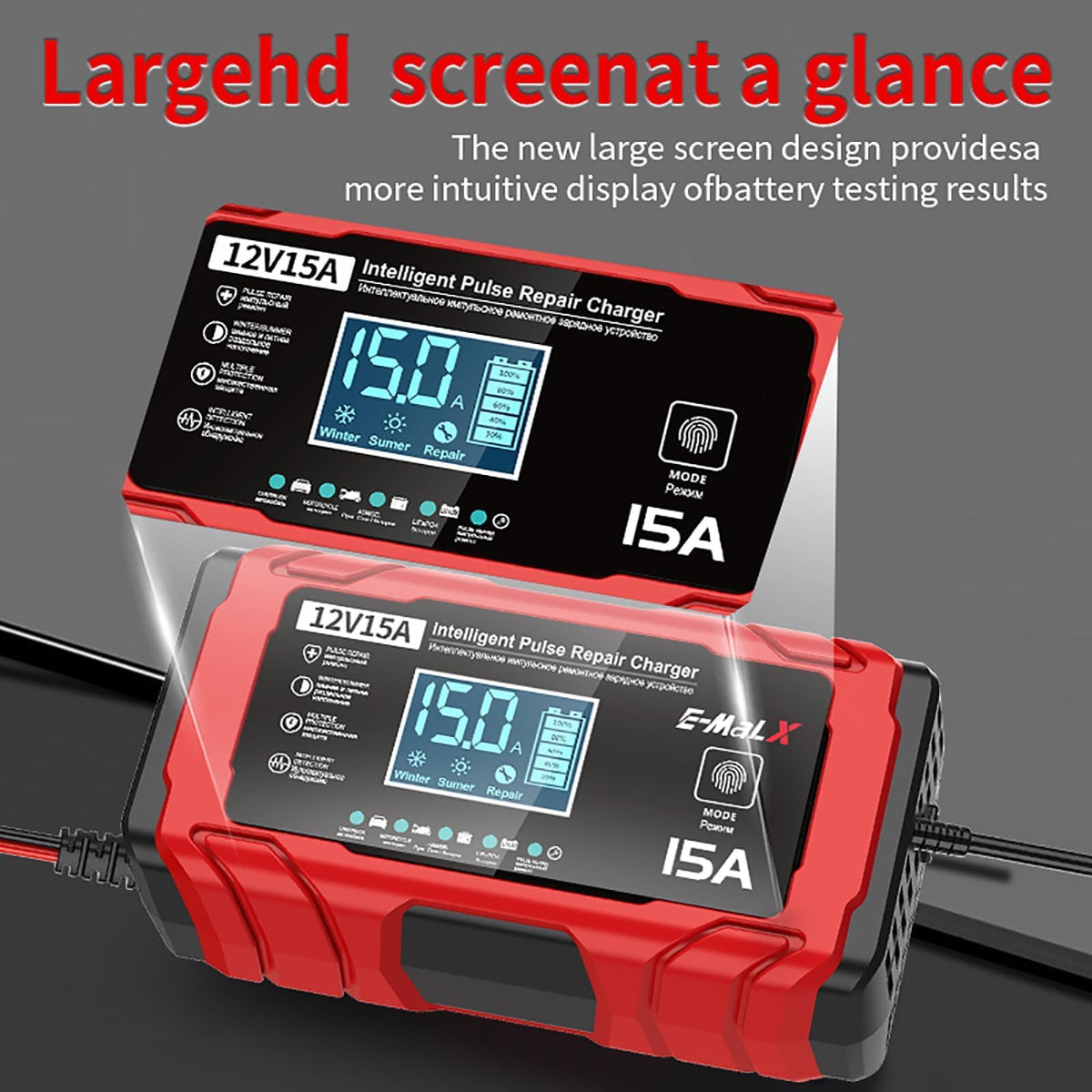 Smart Lithium Battery Charger 15A Fast Charge Auto Repair Red Black DEMO