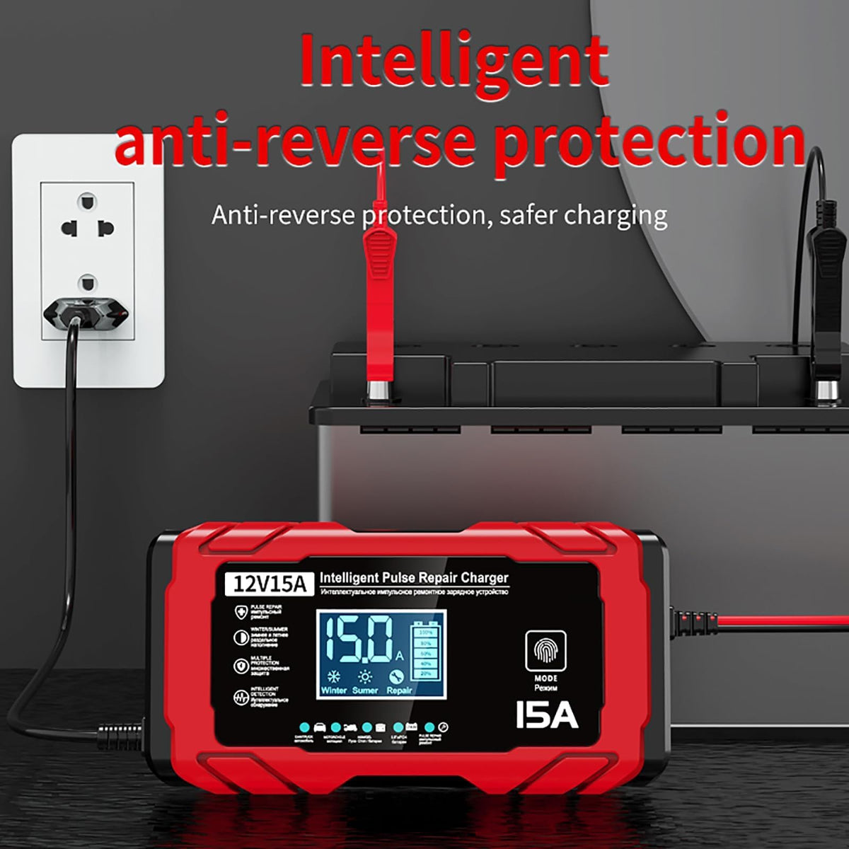 Smart Lithium Battery Charger 15A Fast Charge Auto Repair Red Black DEMO