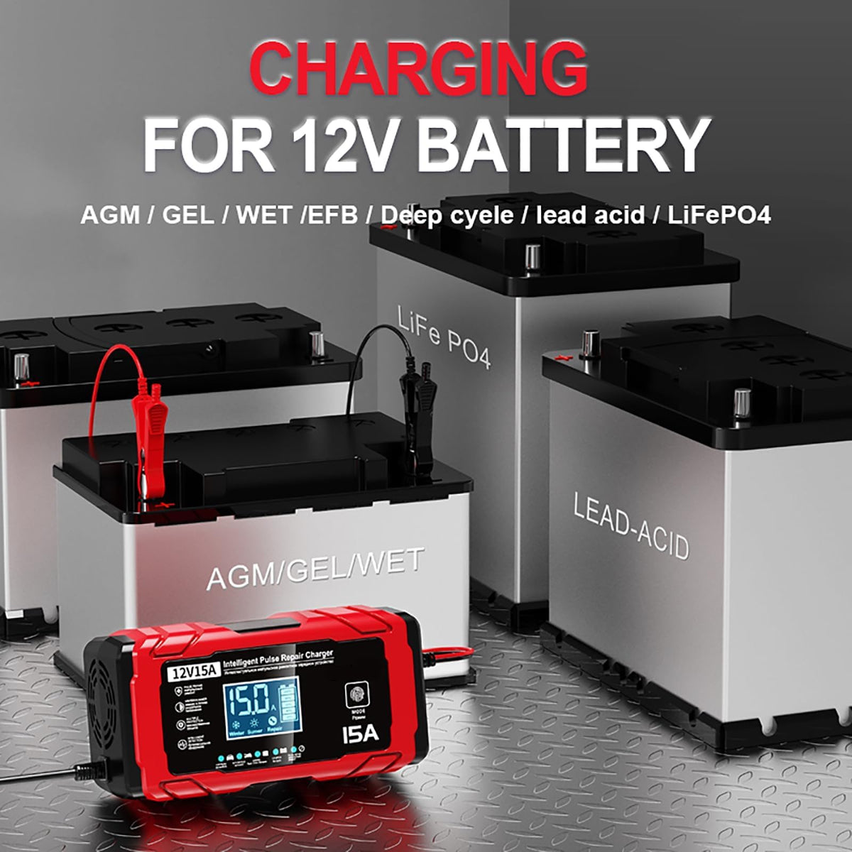 Smart Lithium Battery Charger 15A Fast Charge Auto Repair Red Black DEMO
