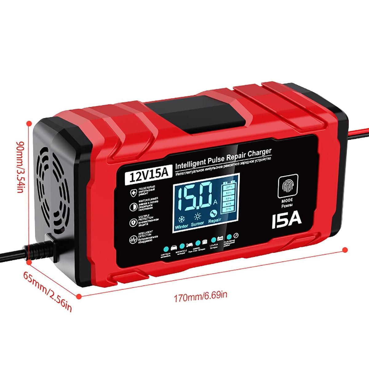 Smart Lithium Battery Charger 15A Fast Charge Auto Repair Red Black DEMO