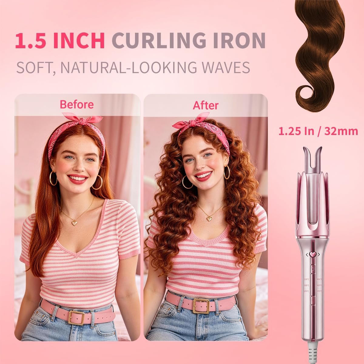 SHEGLAM 32mm Automatic Curling Tongs Dual Direction Ceramic Pink Size 32mm DEMO