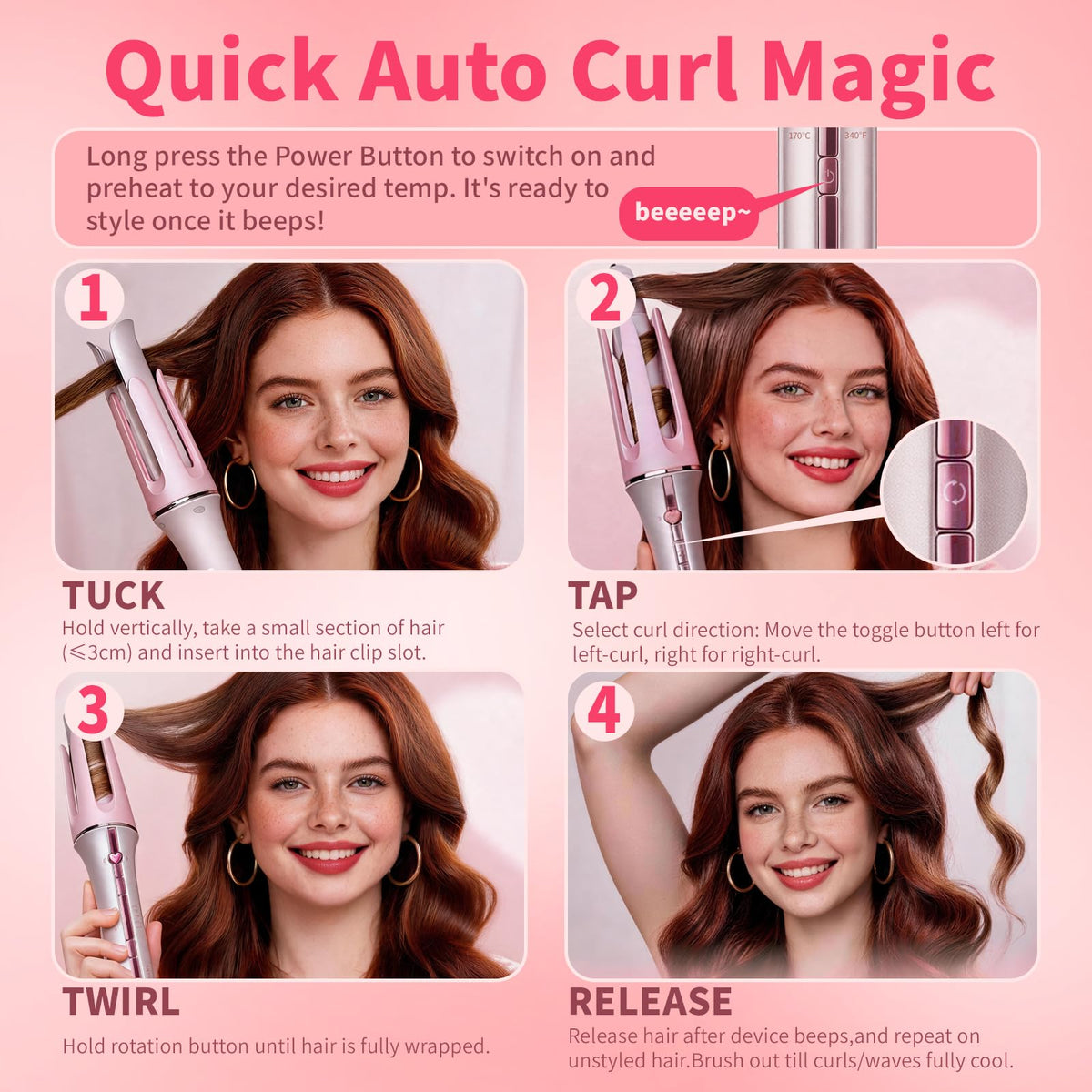 SHEGLAM 32mm Automatic Curling Tongs Dual Direction Ceramic Pink Size 32mm DEMO