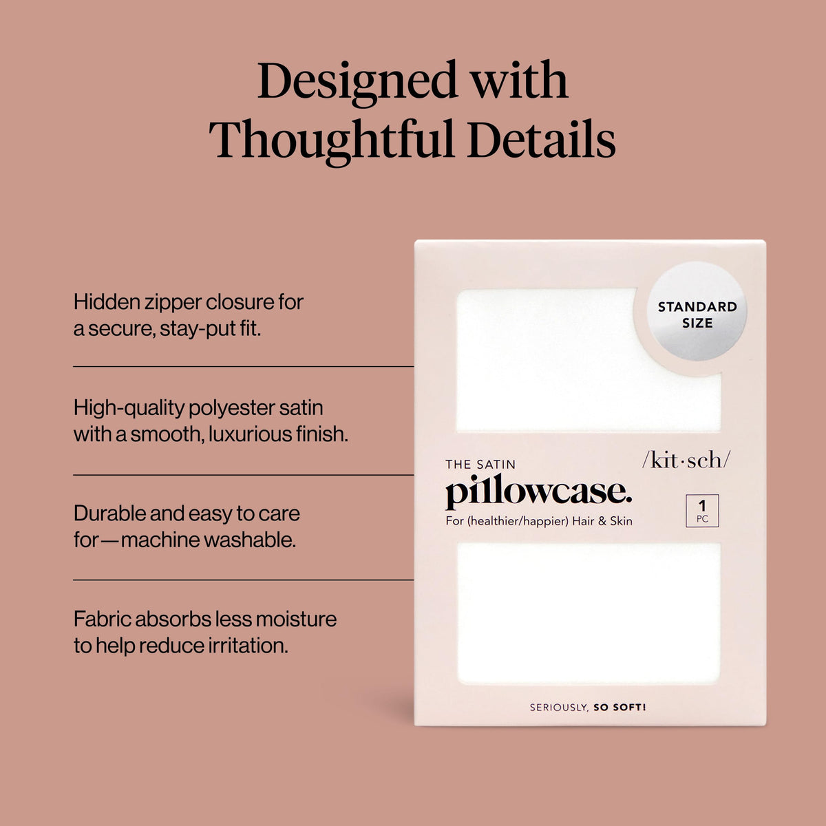 Kitsch Satin Pillowcases Pillowcase with Zipper - Ivory Standard/Queen 1 NEW