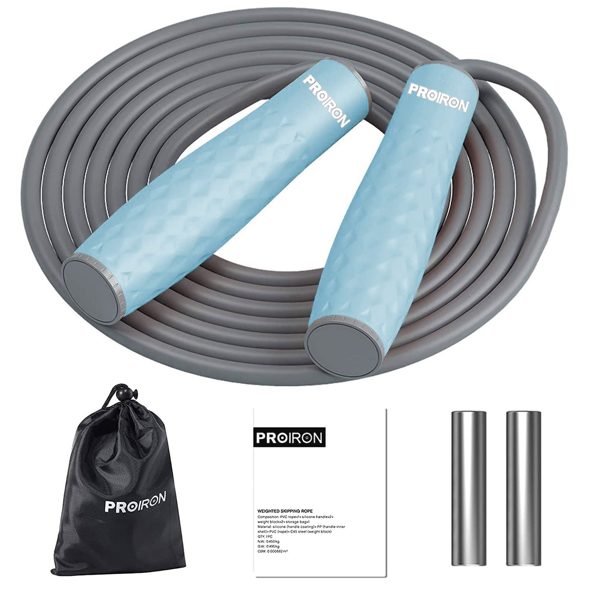 PROIRON Double Jump Ropes Weighted Skipping Rope Tangle-Free Blue Gray DEMO