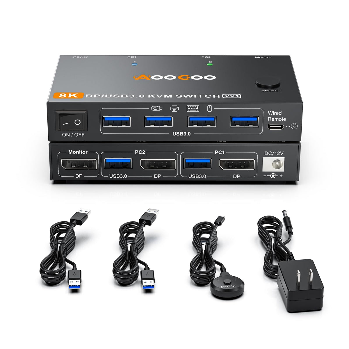 KCEVE 2 Port DisplayPort KVM Switch 8K@60Hz Selector Box Black NEW