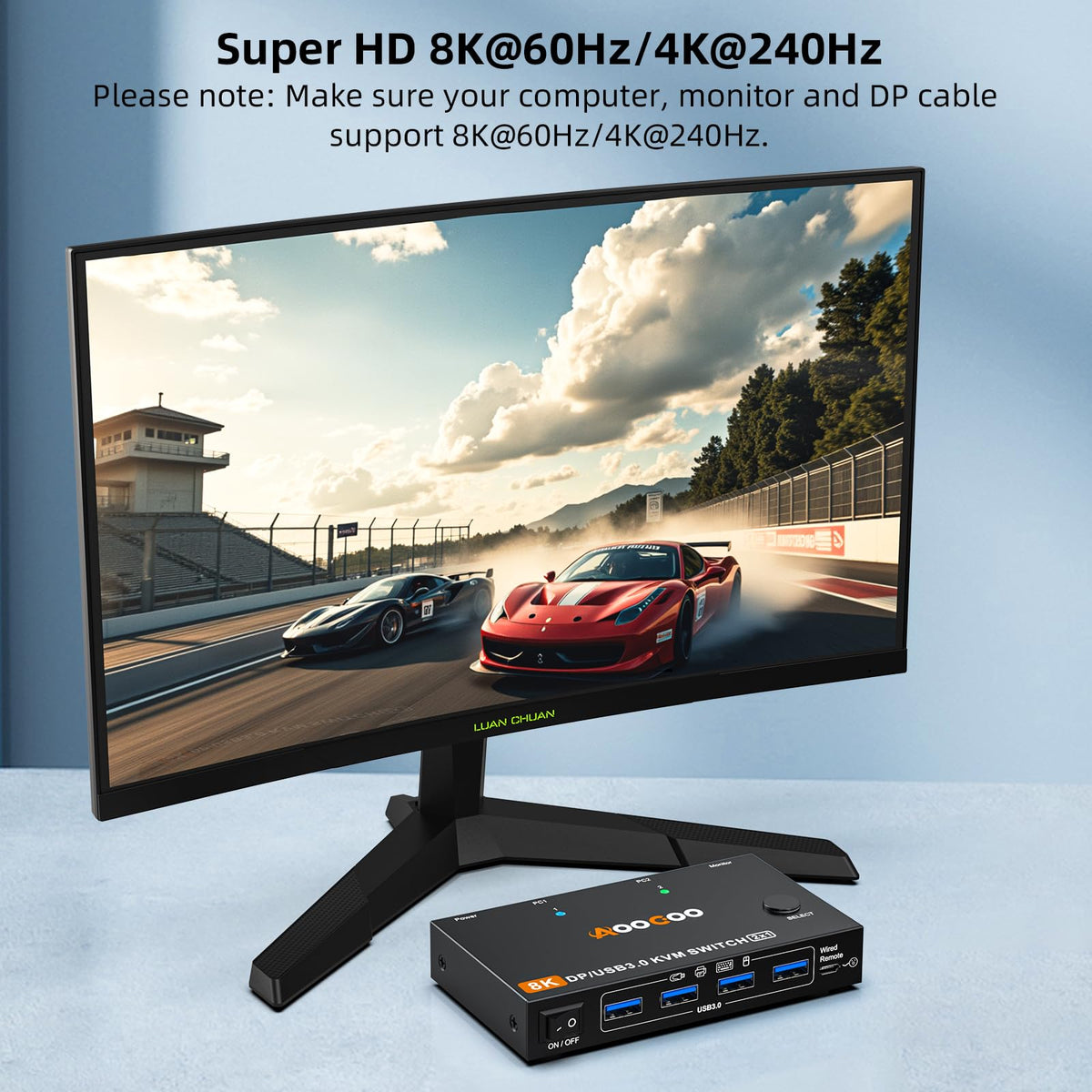 KCEVE 2 Port DisplayPort KVM Switch 8K@60Hz Selector Box Black NEW