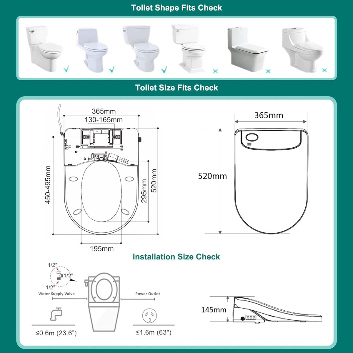 AQUATIZ D-Shaped Electric Bidet Toilet Seat with Auto Open Close White NEW